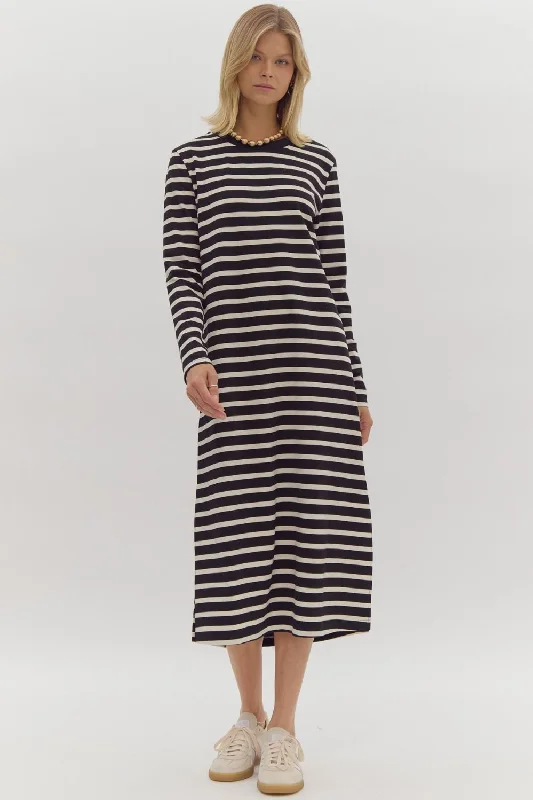 Stripe Print Round Neck Long Sleeve Midi Dress