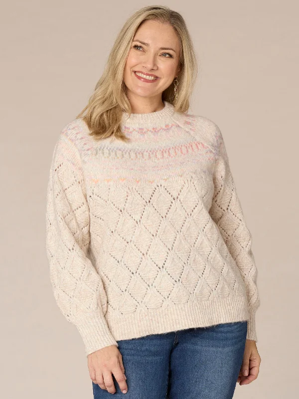 Long Banded Sleeve Round Neck Fair Isle Yoke Plus Size Sweater