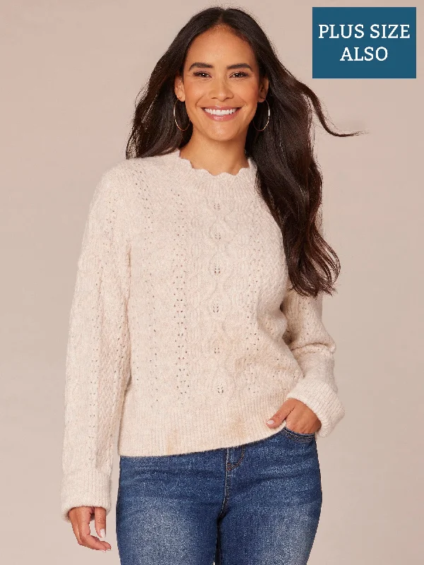 Long Sleeve Scallop Edge Round Neck Plus Size Pointelle Sweater