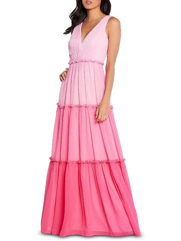 Womens V-Neck Tiered Evening Dress