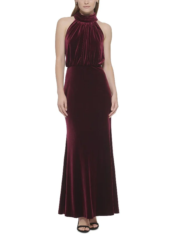 Womens Velvet Mock Neck Evening Dress