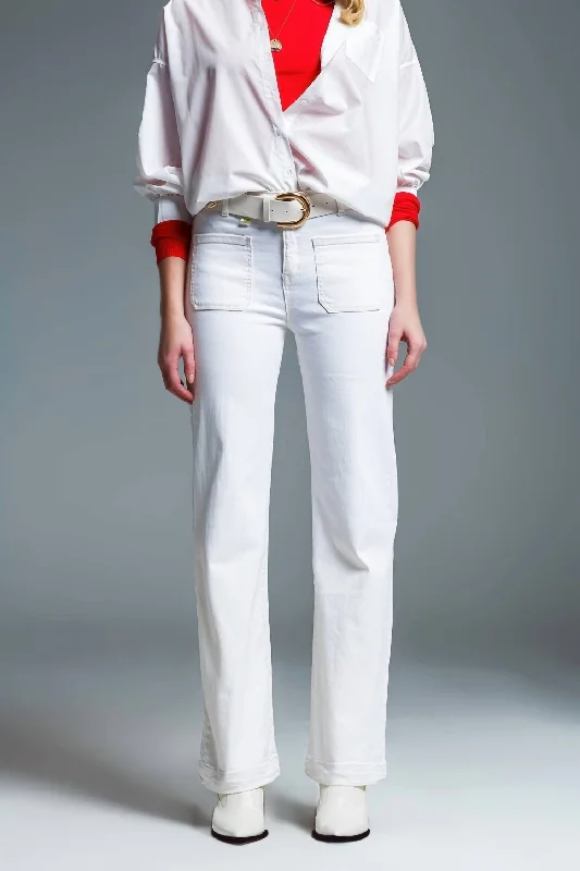 High Waisted Front Pockets Flare Jeans In White