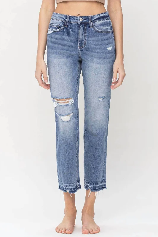 Modest High Rise Crop Straight Denim In Medium Wash