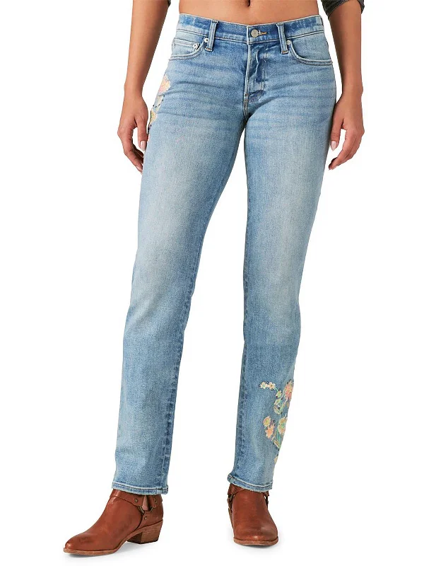 Womens Floral Embroidered Straight Leg Jeans