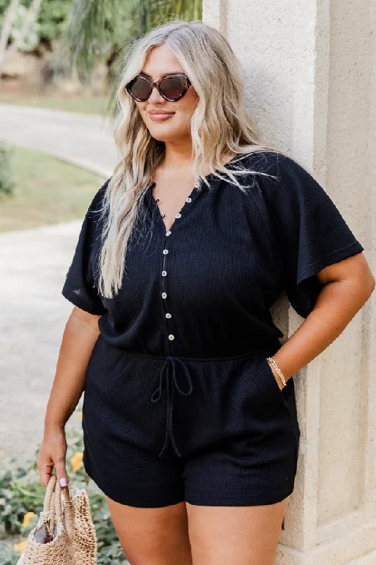 Chase The High Black Waffle Knit Button Up Romper FINAL SALE