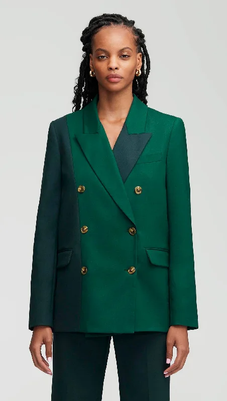 Colorblocked Peak Lapel Blazer in Seasonless Wool | Emerald/Forest