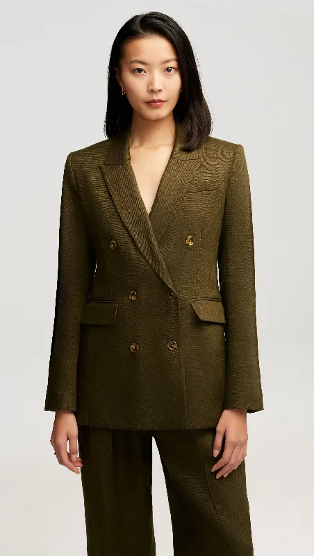 Double-Breasted Blazer in Basket Weave Linen | Pine Needle