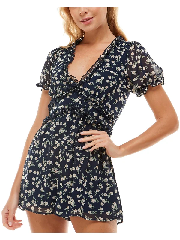 Juniors Womens Chiffon Floral Romper