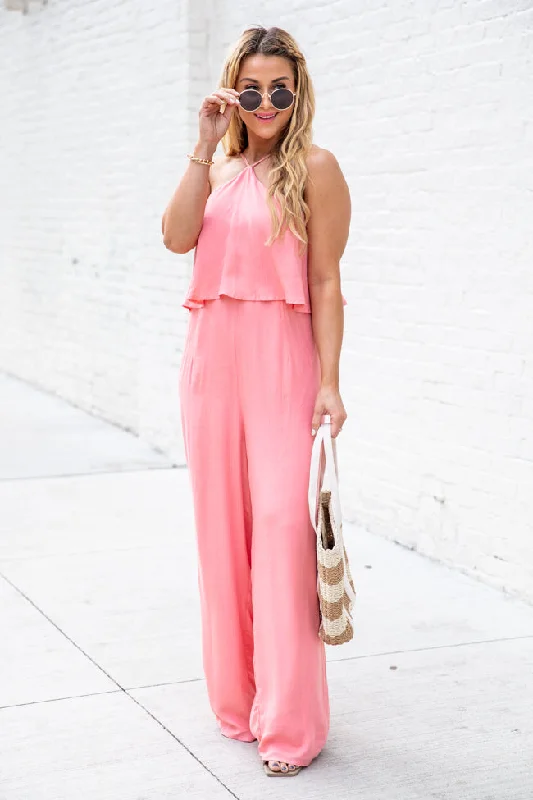 Know No Limits Coral Halter Jumpsuit FINAL SALE