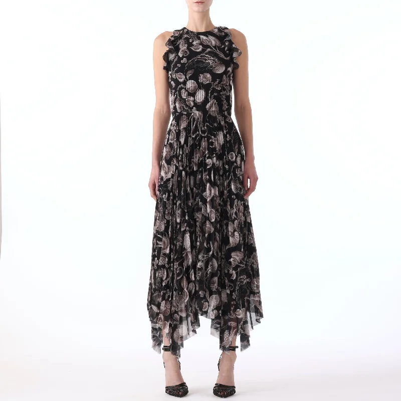 Marine Print Pleated Chiffon Dress