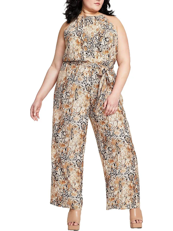 Plus Womens Snake Print High Neckline Jumpsuit