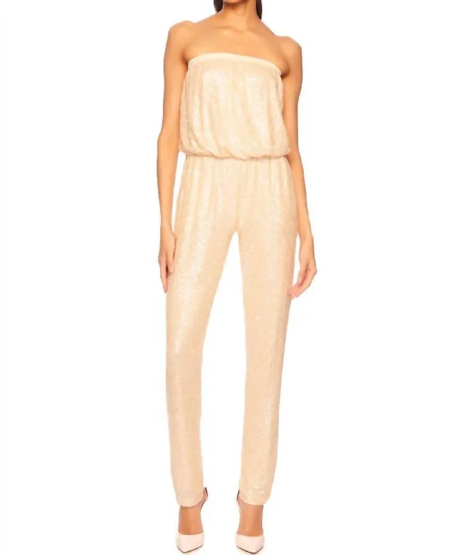 Sequin Tube Jumpsuit In Oatmilk Tan