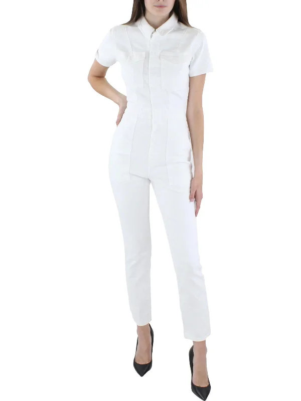 Womens Collared Flap Pockets Jumpsuit