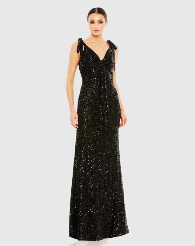 Sequined Low Back Bow Shoulder Gown