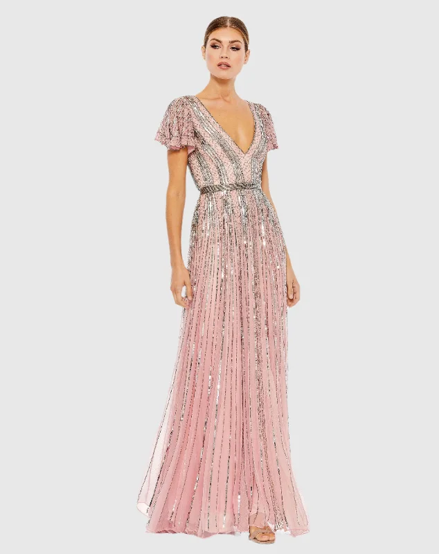 Stripe Sequin V-Neck Gown