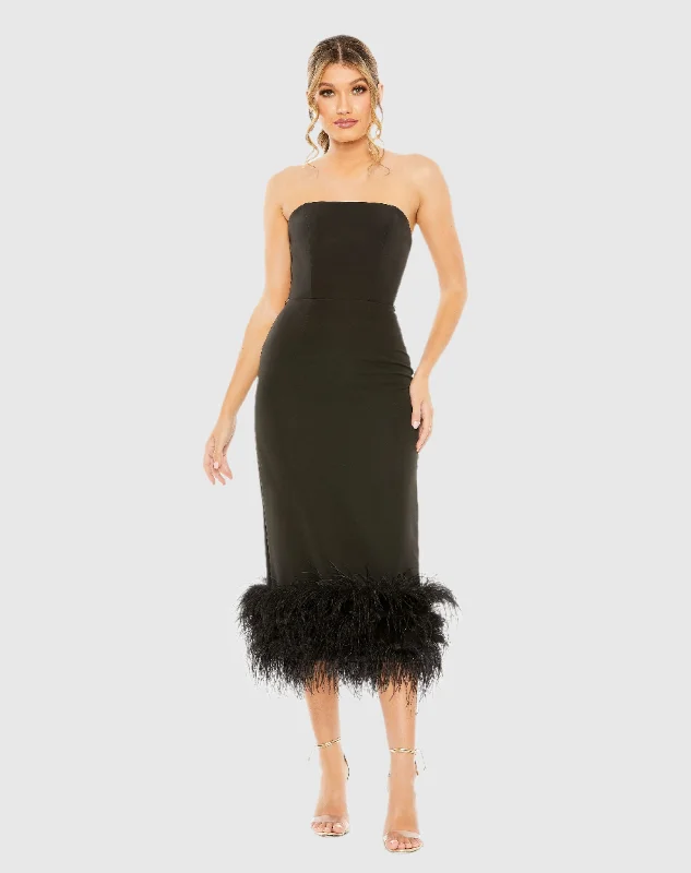 Strapless Column Dress with Feather Trim