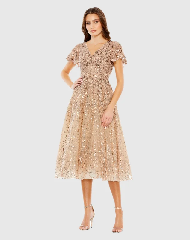 Embellished Butterfly Fit and Flare Tea-Length Dress