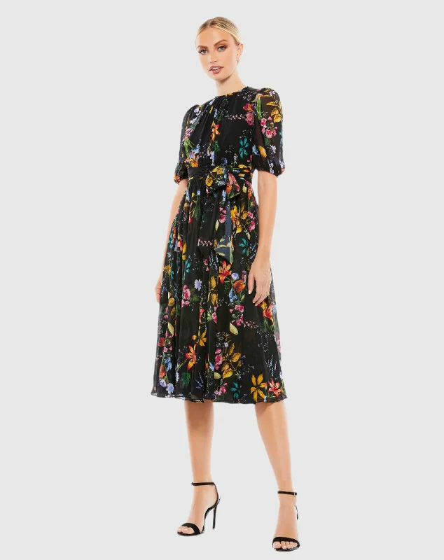 Floral Pattern High Neck Belted Midi Dress