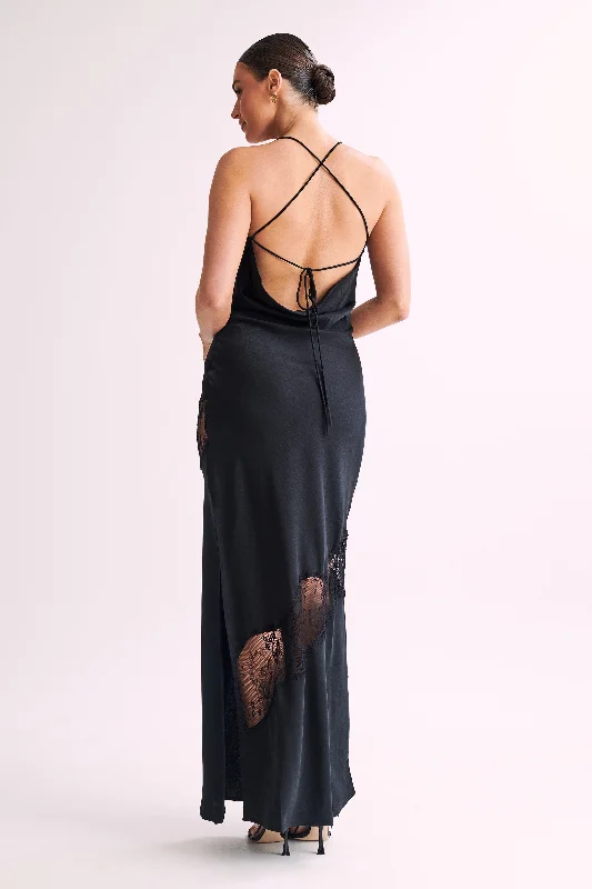 Chandra Lace Detail Satin Maxi Dress - Black